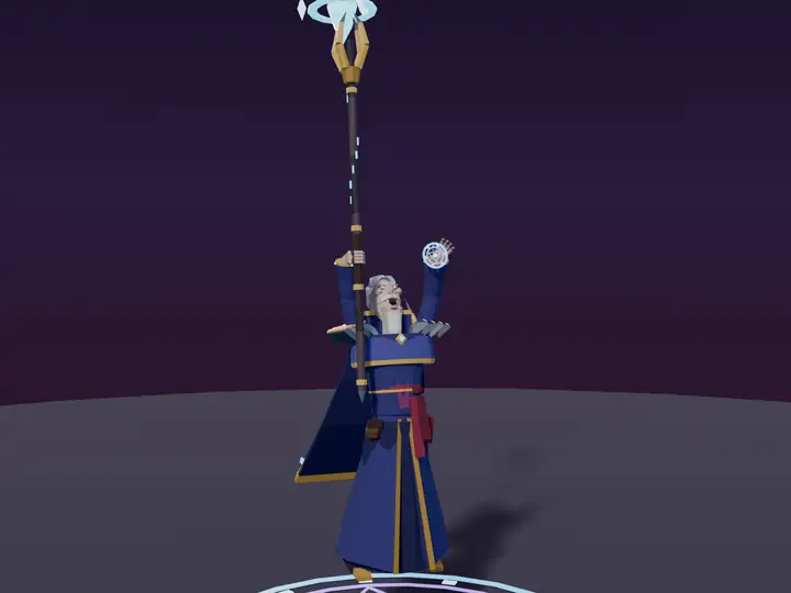 A low poly archmage raising a crystal-topped staff above a glowing ritual circle.