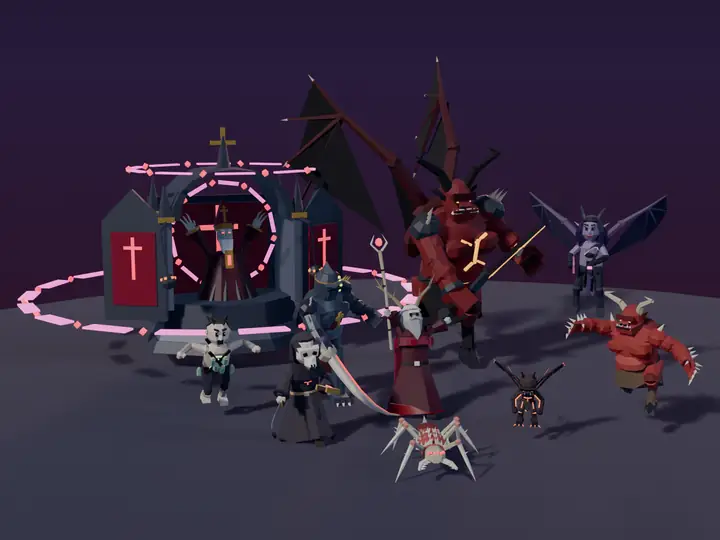 Low poly demons and cultists around a glowing ritual circle, with a winged demon lord and a shrine boss.