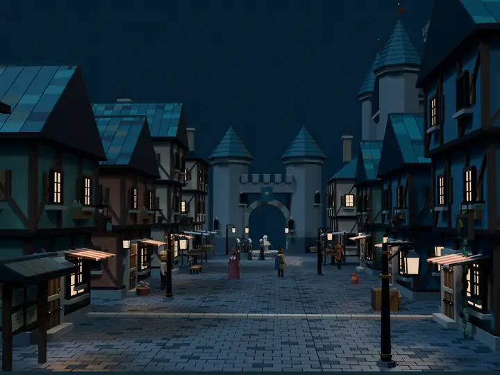 A lantern-lit medieval street at night, timber-framed houses leading to a castle gate.