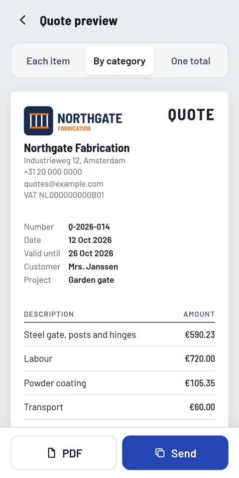 The customer's quote with the workshop's details, the quote number, the lines and the total, ready to send as a PDF.