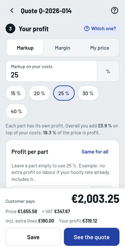 Choosing the profit as a 25 percent markup, with the app showing that this is a 19.3 percent margin.