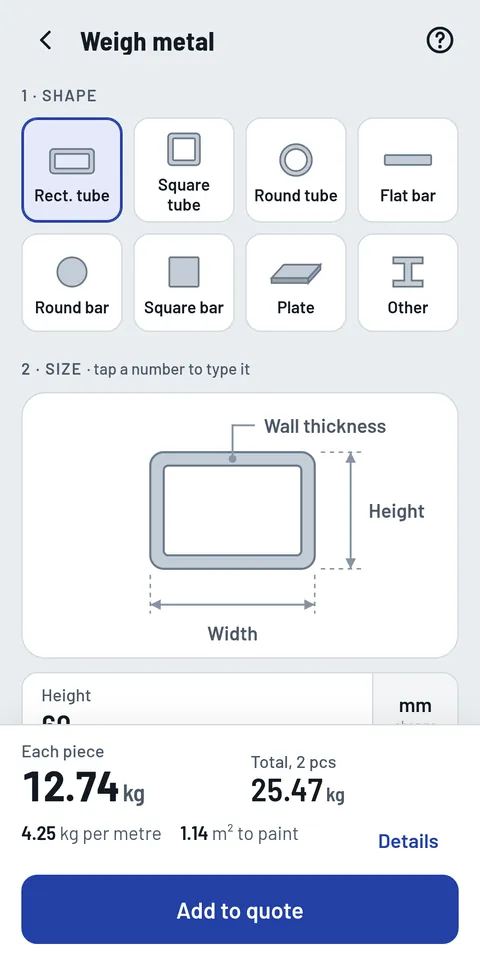 Weighing a rectangular tube: a drawing shows which size is which, and the weight of each piece and the total appear at the bottom.